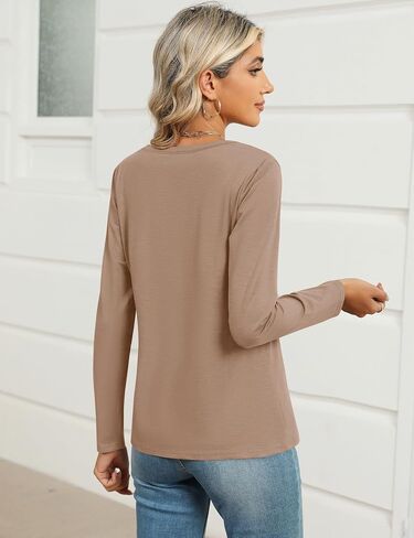 LOMON Womens Long Sleeve Tops Casual V Neck T Shirts Cute Slub Cotton Tee Shirts in Saudi Arabia