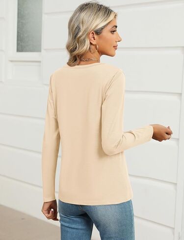 تي شيرت LOMON نسائي طويل الأكمام كاجوال برقبة على شكل حرف V تي شيرت قطني لطيف in Kuwait