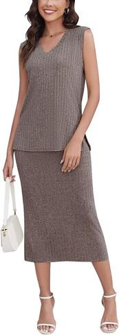 Womens 2 Piece Skirt Sets Casual Summer Outfits V Neck Ribbed Knit Sleeveless Sweater Tank Tops Midi Skirts in Saudi Arabia