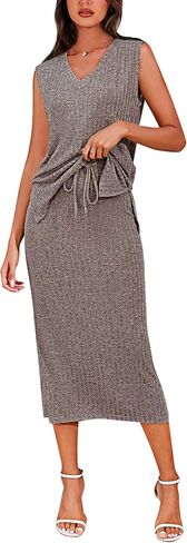 Womens 2 Piece Skirt Sets Casual Summer Outfits V Neck Ribbed Knit Sleeveless Sweater Tank Tops Midi Skirts in Saudi Arabia