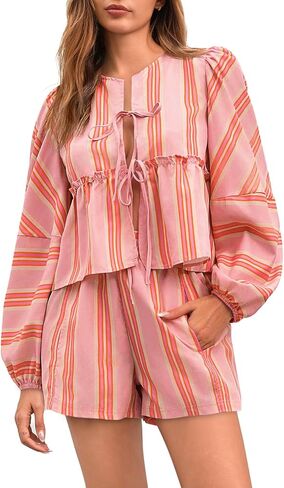 Tankaneo Womens 2 Piece Outfits Tie Front Peplum Tops Shorts Sets Striped Puff Long Sleeve Blouse Y2K Lounge Sets in Kuwait