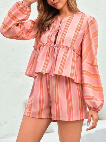 Tankaneo Womens 2 Piece Outfits Tie Front Peplum Tops Shorts Sets Striped Puff Long Sleeve Blouse Y2K Lounge Sets in Kuwait