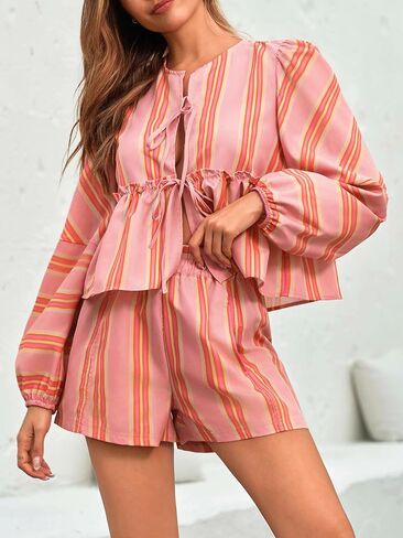 Tankaneo Womens 2 Piece Outfits Tie Front Peplum Tops Shorts Sets Striped Puff Long Sleeve Blouse Y2K Lounge Sets in Kuwait