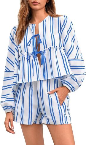 Tankaneo Womens 2 Piece Outfits Tie Front Peplum Tops Shorts Sets Striped Puff Long Sleeve Blouse Y2K Lounge Sets in Kuwait