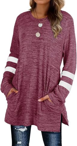 XIEERDUO بلوزات نسائية كاجوال تونيك علوية بأكمام طويلة وقمصان كبيرة الحجم مع جيوب in Kuwait