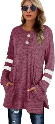 XIEERDUO بلوزات نسائية كاجوال تونيك علوية بأكمام طويلة وقمصان كبيرة الحجم مع جيوب in Kuwait