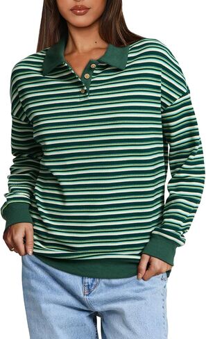 WIHOLL Sweatshirts for Women Fall Long Sleeve Polo Neck Shirts 2024 Colorblock Striped Drop Shoulder Pullover Cute Y2K Outfit in Saudi Arabia