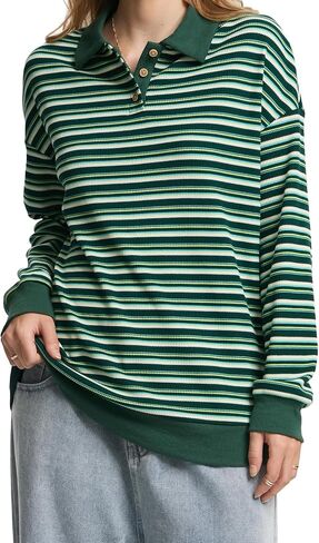 WIHOLL Sweatshirts for Women Fall Long Sleeve Polo Neck Shirts 2024 Colorblock Striped Drop Shoulder Pullover Cute Y2K Outfit in Saudi Arabia