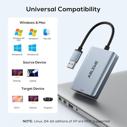 محول USB إلى HDMI للشاشة من ABLEWE، محول رسومات فيديو صوتية 1080P USB HDMI 3.0 و2.0 لأجهزة الكمبيوتر المحمول Mac وتلفزيون سطح المكتب، كابل USB HDMI لشاشات متعددة PC Windows 10/8.1/8/7 in Kuwait