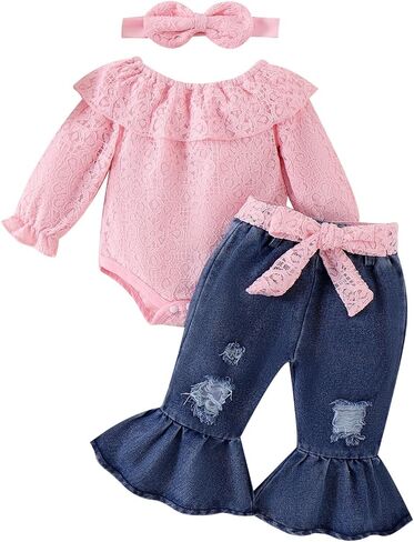 Baby Girl Clothes Lace Off Shoulder Romper Flare Jeans Pants Headband and Belt 4pcs Outfit 3-24 Months in Kuwait