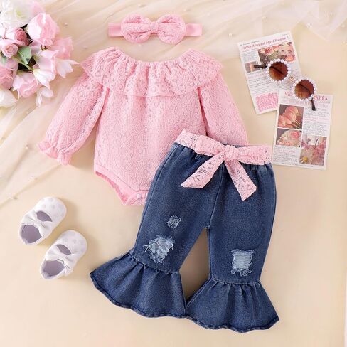 Baby Girl Clothes Lace Off Shoulder Romper Flare Jeans Pants Headband and Belt 4pcs Outfit 3-24 Months in Kuwait