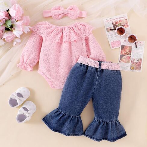 Baby Girl Clothes Lace Off Shoulder Romper Flare Jeans Pants Headband and Belt 4pcs Outfit 3-24 Months in Kuwait