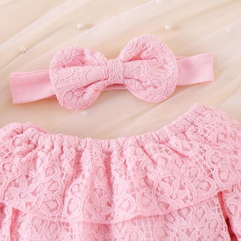 Baby Girl Clothes Lace Off Shoulder Romper Flare Jeans Pants Headband and Belt 4pcs Outfit 3-24 Months in Kuwait