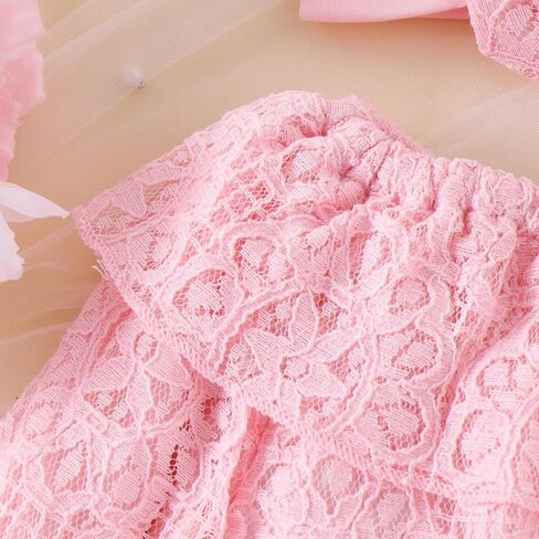 Baby Girl Clothes Lace Off Shoulder Romper Flare Jeans Pants Headband and Belt 4pcs Outfit 3-24 Months in Kuwait