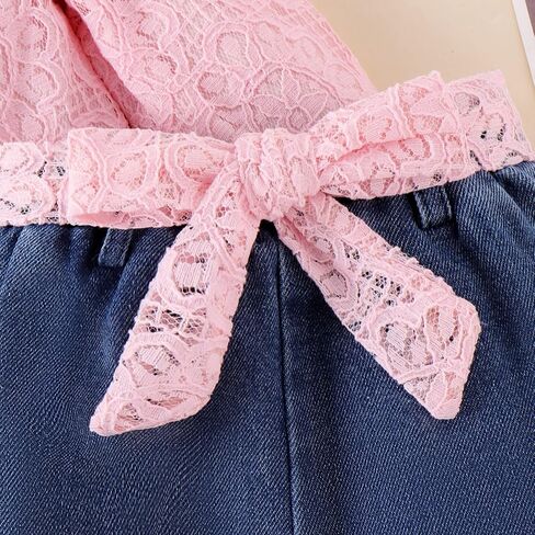 Baby Girl Clothes Lace Off Shoulder Romper Flare Jeans Pants Headband and Belt 4pcs Outfit 3-24 Months in Kuwait
