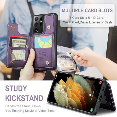 حافظة Vinich لهاتف Samsung Galaxy S21 Ultra مع حامل بطاقات، حافظة محفظة فائقة لهاتف Samsung S21 للنساء والرجال مع خاصية حجب RFID، حافظة متينة مقاومة للصدمات لهاتف Galaxy S21 Ultra 5G، أرجواني in Kuwait