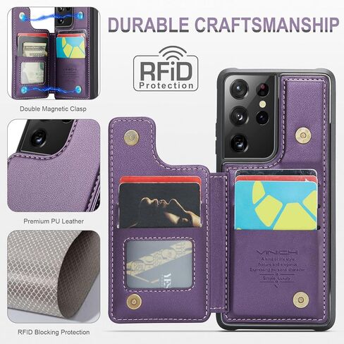 حافظة Vinich لهاتف Samsung Galaxy S21 Ultra مع حامل بطاقات، حافظة محفظة فائقة لهاتف Samsung S21 للنساء والرجال مع خاصية حجب RFID، حافظة متينة مقاومة للصدمات لهاتف Galaxy S21 Ultra 5G، أرجواني in Kuwait