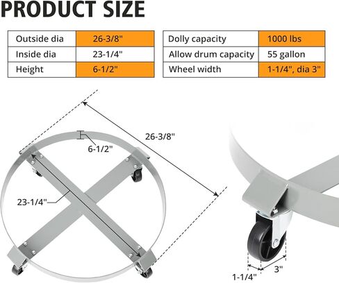 55 Gallon Drum Dolly - 4 Wheels, 1000lbs Load Capacity, 67cm Outer Ring, 3" Universal Casters, 2 Braked Rollers in Kuwait