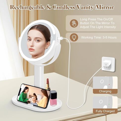 Lighted Makeup Mirror, 8" Rechargeable Double Sided Magnifying Mirror with 3 Colors Lights, Light Pink in Saudi Arabia