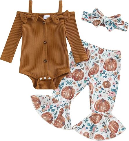My First Halloween Baby Girl Outfit Infant Girl Long Sleeve Ribbed Romper Pumpkin Flared Pants Headband Clothes Set in Saudi Arabia