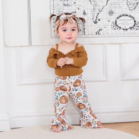 My First Halloween Baby Girl Outfit Infant Girl Long Sleeve Ribbed Romper Pumpkin Flared Pants Headband Clothes Set in Saudi Arabia