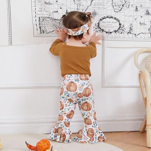 My First Halloween Baby Girl Outfit Infant Girl Long Sleeve Ribbed Romper Pumpkin Flared Pants Headband Clothes Set in Saudi Arabia