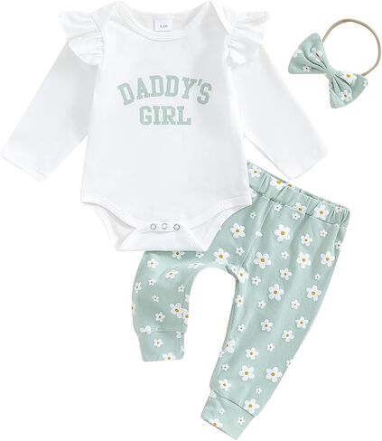 Muasaaluxi Newborn Baby Girl Clothes Ruffle Long Sleeve ''Daddys Girl'' Romper Onesie Daisy Long Pants Headband Fall Outfit in Saudi Arabia