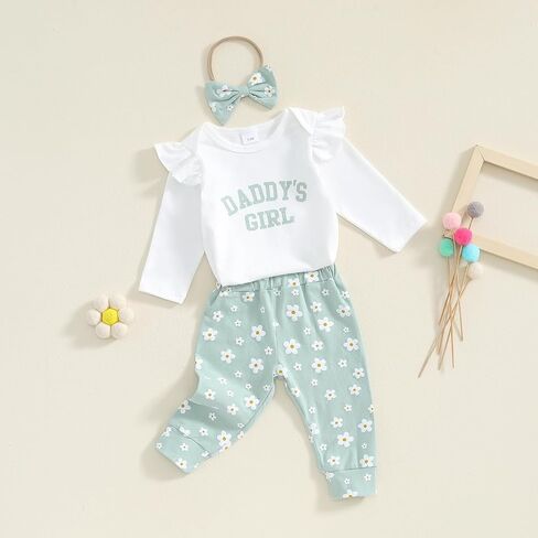 Muasaaluxi Newborn Baby Girl Clothes Ruffle Long Sleeve ''Daddys Girl'' Romper Onesie Daisy Long Pants Headband Fall Outfit in Saudi Arabia