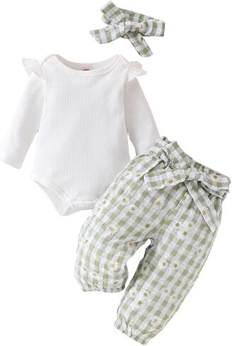 Kaipiclos Infant Baby Girl Clothes 0 3 6 12 18 24 Months Rib Knit Romper Daisy Print Pants Headband Baby Clothes for Girls in Kuwait