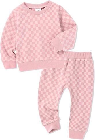 WESIDOM Toddler Baby Girl Clothes Checkered Long Sleeve Pullover Tops + Pants Toddler Girl Sweatsuit Fall Winter Outfits in Kuwait