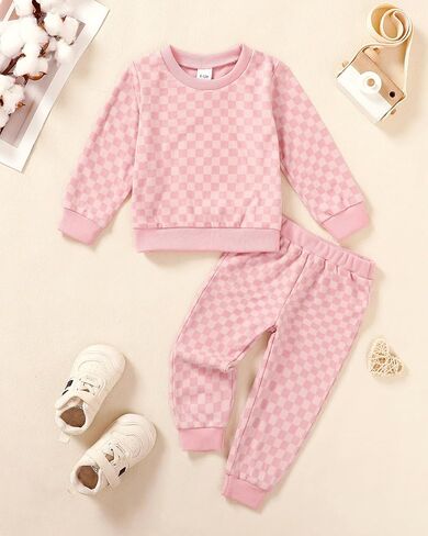 WESIDOM Toddler Baby Girl Clothes Checkered Long Sleeve Pullover Tops + Pants Toddler Girl Sweatsuit Fall Winter Outfits in Kuwait