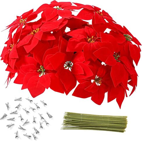 Luyue 12 قطعة من زهور البونسيتة الحمراء الاصطناعية لعيد الميلاد مع سيقان زينة زخرفية لعيد الميلاد المزخرف لشجرة عيد الميلاد إكليل البونسيتة لتزيين العطلات (مع السيقان والمشابك) in Kuwait