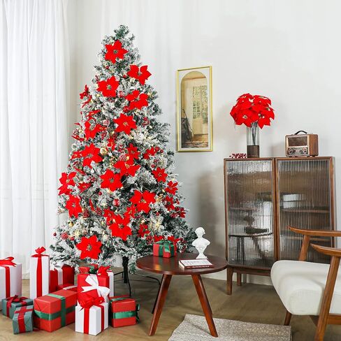 Luyue 12 قطعة من زهور البونسيتة الحمراء الاصطناعية لعيد الميلاد مع سيقان زينة زخرفية لعيد الميلاد المزخرف لشجرة عيد الميلاد إكليل البونسيتة لتزيين العطلات (مع السيقان والمشابك) in Kuwait