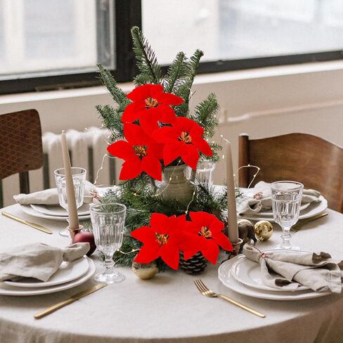 Luyue 12 قطعة من زهور البونسيتة الحمراء الاصطناعية لعيد الميلاد مع سيقان زينة زخرفية لعيد الميلاد المزخرف لشجرة عيد الميلاد إكليل البونسيتة لتزيين العطلات (مع السيقان والمشابك) in Kuwait