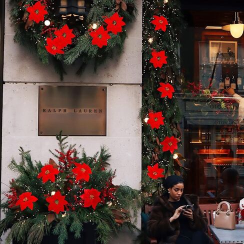 Luyue 12 قطعة من زهور البونسيتة الحمراء الاصطناعية لعيد الميلاد مع سيقان زينة زخرفية لعيد الميلاد المزخرف لشجرة عيد الميلاد إكليل البونسيتة لتزيين العطلات (مع السيقان والمشابك) in Kuwait