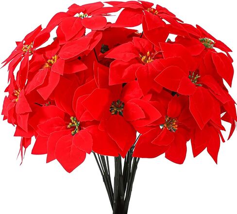 Luyue 12 Pcs Artificial Red Poinsettia Christmas Flowers with Stems Fake Christmas Floral Decorative Ornament for X’mas Tree Wreath Poinsettia Decor Holiday Decoration(with Stems and Clips) in Saudi Arabia