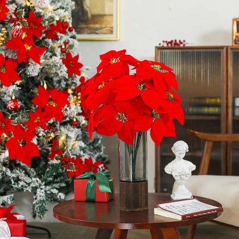 Luyue 12 Pcs Artificial Red Poinsettia Christmas Flowers with Stems Fake Christmas Floral Decorative Ornament for X’mas Tree Wreath Poinsettia Decor Holiday Decoration(with Stems and Clips) in Saudi Arabia