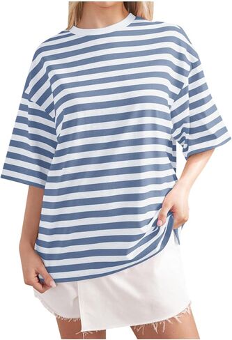 Women Oversized Striped T Shirts Color Block Shirt Crew Neck Basic Casual Tops Y2K Loose Pullover Short Sleeve Tee Tops in Saudi Arabia
