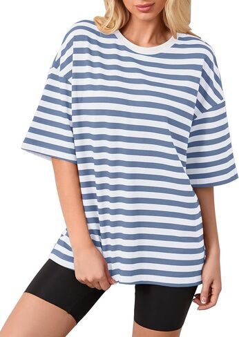 Women Oversized Striped T Shirts Color Block Shirt Crew Neck Basic Casual Tops Y2K Loose Pullover Short Sleeve Tee Tops in Saudi Arabia