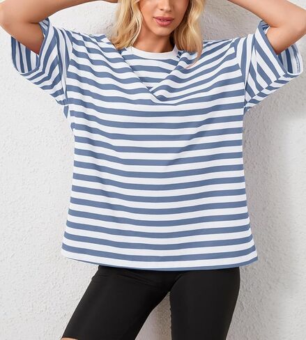 Women Oversized Striped T Shirts Color Block Shirt Crew Neck Basic Casual Tops Y2K Loose Pullover Short Sleeve Tee Tops in Saudi Arabia