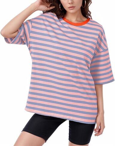 Women Oversized Striped T Shirts Color Block Shirt Crew Neck Basic Casual Tops Y2K Loose Pullover Short Sleeve Tee Tops in Saudi Arabia