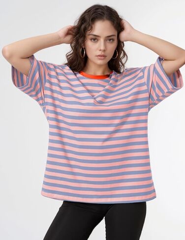 Women Oversized Striped T Shirts Color Block Shirt Crew Neck Basic Casual Tops Y2K Loose Pullover Short Sleeve Tee Tops in Saudi Arabia
