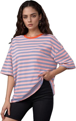 Women Oversized Striped T Shirts Color Block Shirt Crew Neck Basic Casual Tops Y2K Loose Pullover Short Sleeve Tee Tops in Saudi Arabia