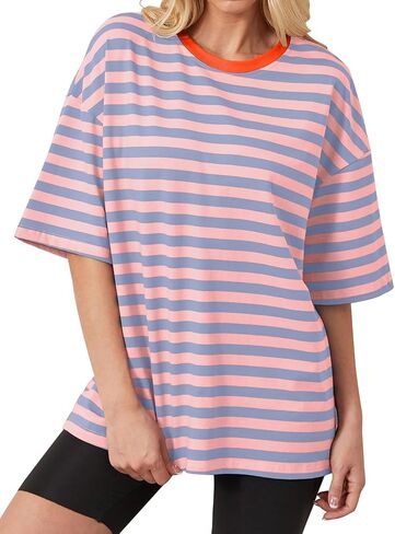 Women Oversized Striped T Shirts Color Block Shirt Crew Neck Basic Casual Tops Y2K Loose Pullover Short Sleeve Tee Tops in Saudi Arabia