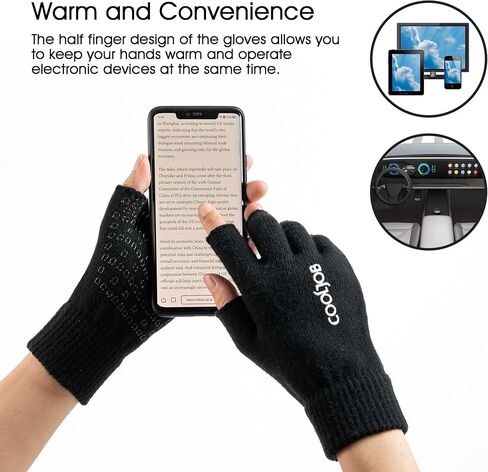 COOLJOB 2 Pairs Warm Knit Fingerless Winter Gloves with Non-slip Silicone Grip, Half Finger Stretchy Mittens for Men Women in Kuwait
