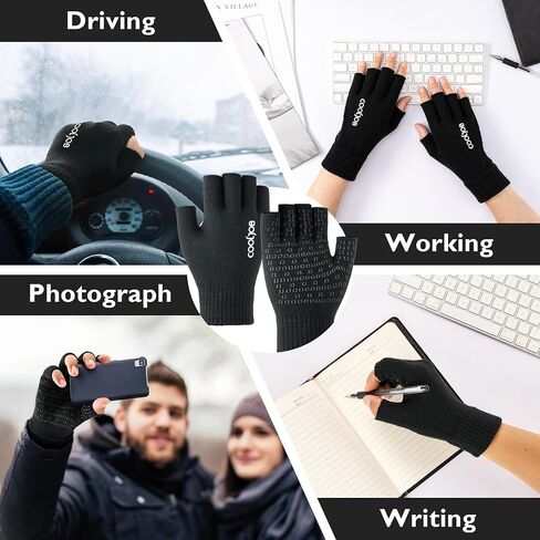 COOLJOB 2 Pairs Warm Knit Fingerless Winter Gloves with Non-slip Silicone Grip, Half Finger Stretchy Mittens for Men Women in Kuwait