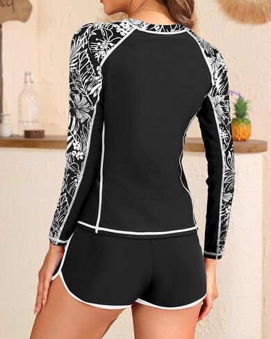 Women's Long Sleeves Rash Guard - 2 Piece Swimsuits with Built in Bra Swim Shirt and Shorts with Pockets in Kuwait