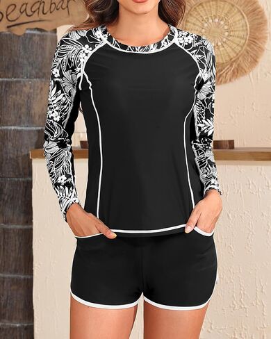 Women's Long Sleeves Rash Guard - 2 Piece Swimsuits with Built in Bra Swim Shirt and Shorts with Pockets in Kuwait
