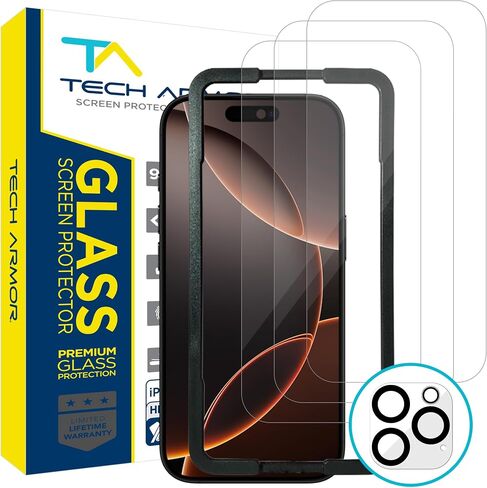 Tech Armor Screen Protector for iPhone 16 Pro Max - Ballistic Tempered Glass, Case Friendly, Sensor Protection, HD, 9H Hardness, 3 Pack + Bonus Camera Lens Protector in Kuwait
