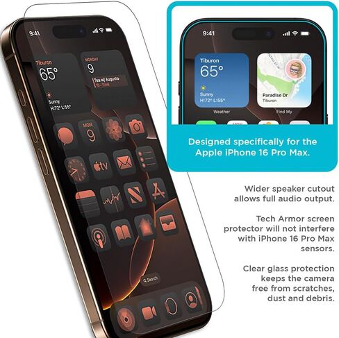 Tech Armor Screen Protector for iPhone 16 Pro Max - Ballistic Tempered Glass, Case Friendly, Sensor Protection, HD, 9H Hardness, 3 Pack + Bonus Camera Lens Protector in Kuwait